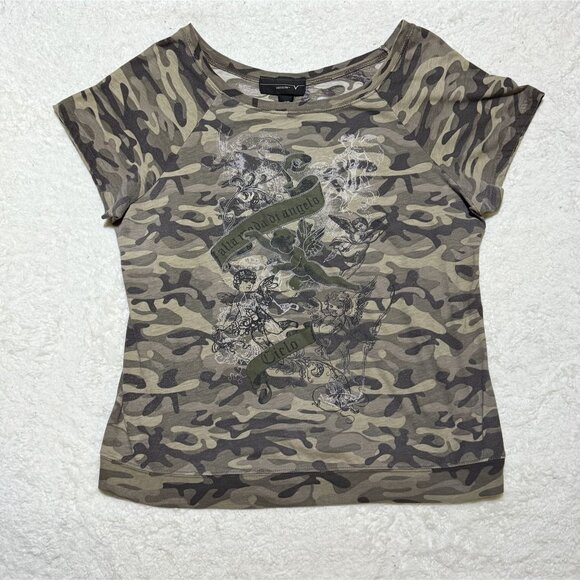 Venezia Camo Top w/Angels Size 14/15 50/50 Cotton/Poly - Picture 1 of 8